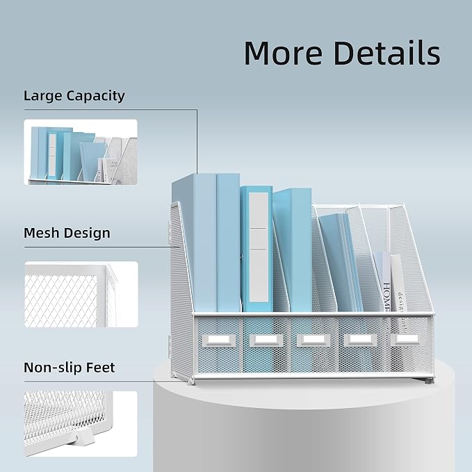 Desk Organizers Metal Desk Magazine File Holder with 5 Vertical Compartments Rack File Organizer for Office Desktop, Classroom, Home Workspace, White