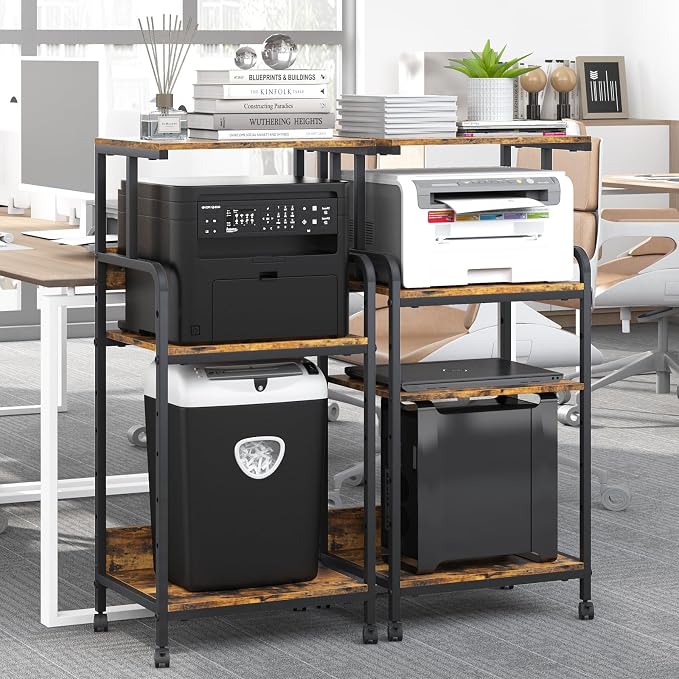 Arbuxzuy 4 Tier Printer Stand with Storage Shelf, Large Tall Printer Cart with Wheels, Mobile Printer Table for Home Office, Adjustable Stands for Heat Press Scanner Fax (Brown)