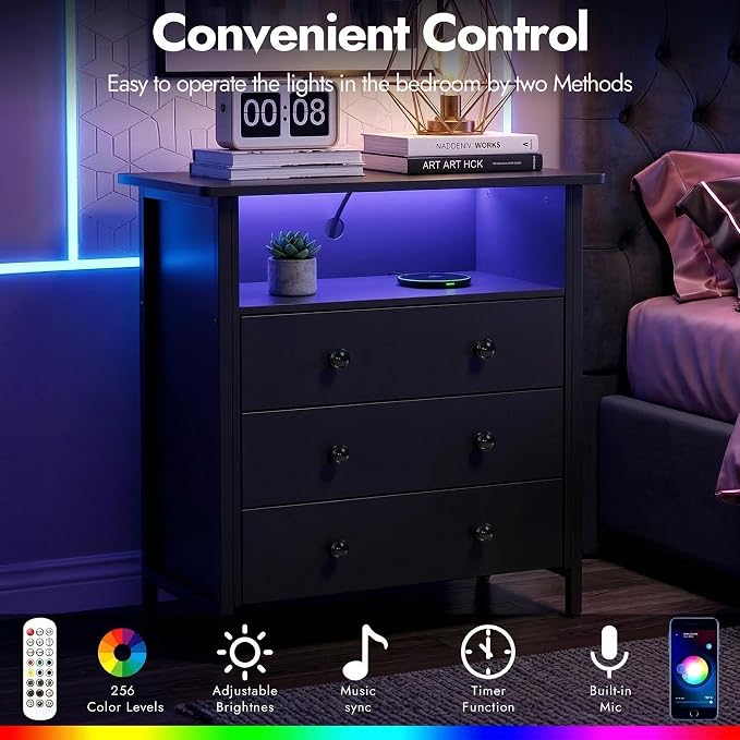 27 Inch LED Nightstand with Charging Station & 3 Drawers, Retro | RGB App Control, 2 AC Outlets & 2 USB Ports, Open Storage, Adjustable Feet, Wood Tall Nightstand for Bedroom or Office