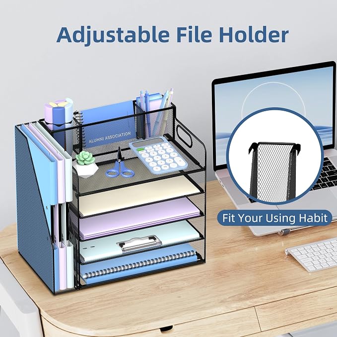 4-Tier Desk Organizer with Paper Trays, Pen and Magazine Holders, Black | Paper Organizer for Desk with 4 Paper Trays, Pen Holder, Magazine Holder and Carrying Handles for Files and Office Supplies
