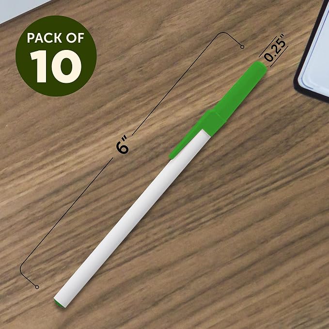 DISCOUNT PROMOS Value Stick Pens Set of 10, Bulk Pack - Blue Ink, Great for Office, School, Business, Tradeshows, Events - Green Cap