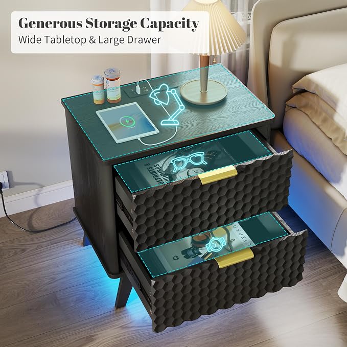 Smart Nightstand with Charging Station and LED Lights | 23.62" Wide Night Stand with 2 Drawers, Motion Sensor Motion-Activated Underlight, Honeycomb Bedside Table for Bedroom, Black