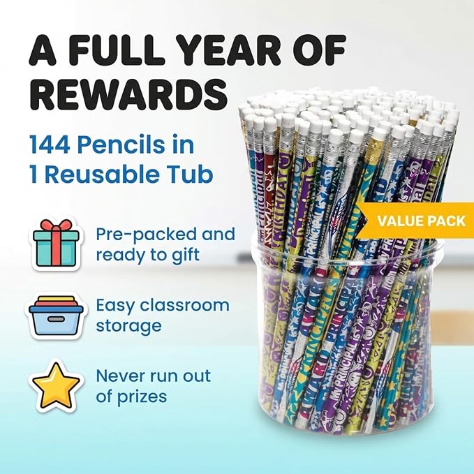 Anderson's Principal Designs Pencil Tub, Fun & Colorful Pencils, Perfect for School Supplies, Classroom Rewards, Creative Writing, Party Favors, and Motivational Gifts, Set of 144