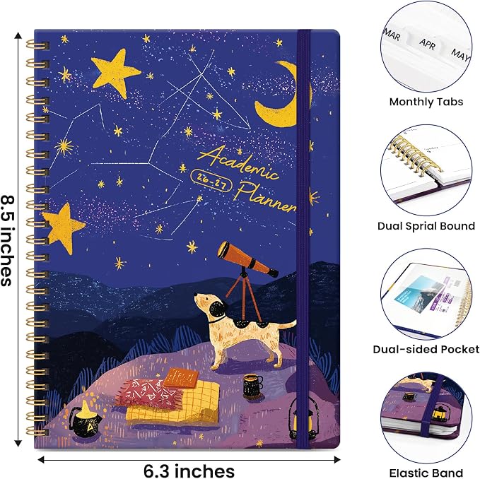 ZOTIA Academic Planner 2026-2027, Monthly & Weekly Jul 2026-Jun 2027 | Stargazing Pup, 6.3" x 8.5" Calendar Planner for Women, Hardcover Pretty Organizer for Women, School Office Home Supplies