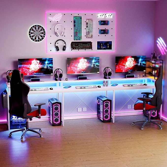 Reversible u Shaped to l Shaped Computer Desk with RGB Lighting & Charging Station, 79 Inch Home Office Workstation with Full Monitor Stand, Heavy Duty Gaming Desk Supporting 600LBS, Multiple Color Op