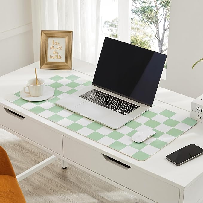 Ohocut Checkered Desk Mat, 31.5" x 15.7" Large Cute Sage Green Aesthetic Retro Accessories PU Leather Computer Laptop Desk Mat, Mouse Keyboard Pad, Desk Writing Makeup Mat for Vanity/Work/Home Decor