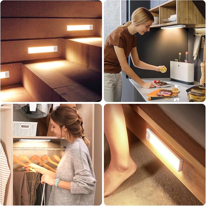 12 inch Under Cabinet Lighting, 6 Pack Motion Sensor Light Indoor Rechargeable Magnetic Closet Lights Battery Operated, Under Counter Lights for Kitchen, Wardrobe, Hallway, Stairs Warm White Light