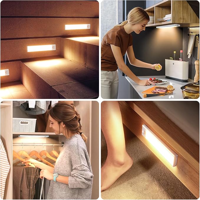 10 inch Under Cabinet Lighting, 6 Pack Motion Sensor Light Indoor Rechargeable Magnetic Closet Lights Battery Operated, Under Counter Lights for Kitchen, Wardrobe, Hallway, Stairs Warm White Light