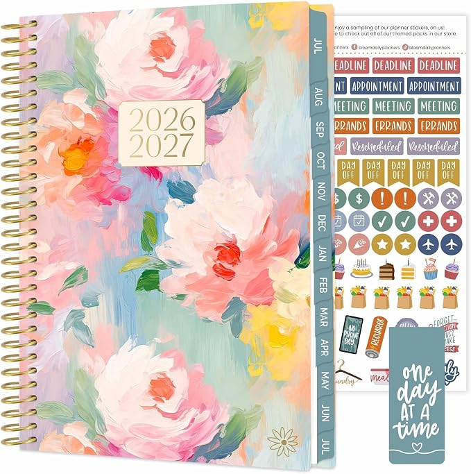 bloom daily planners 2026-2027 Planner - Academic Year (July 2026 - July 2027) Monthly & Weekly Soft Cover Planner for Women - 13 Month Calendar Agenda Book with Stickers - 5.5" x 8.25" - Painted Peonies