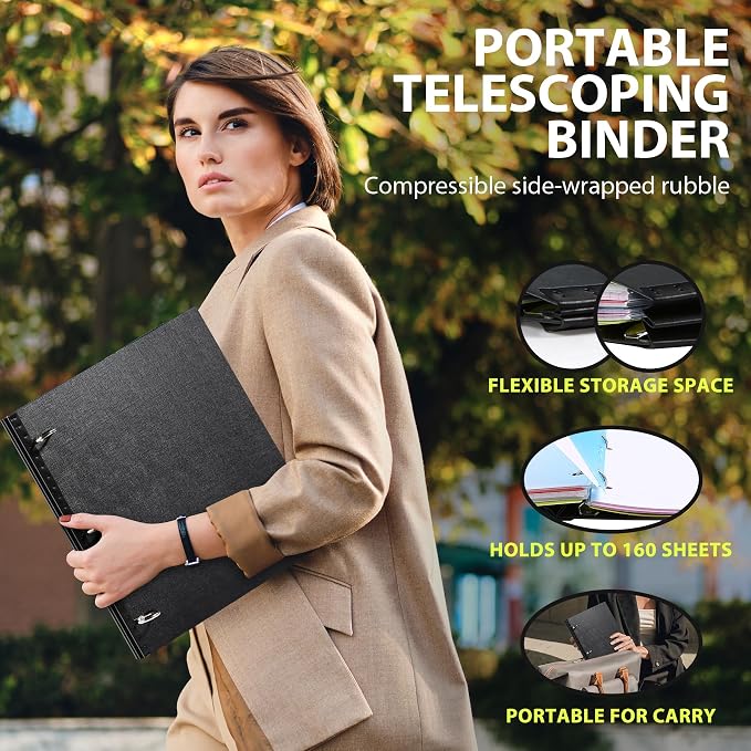 WOT I 4-Pack Telescoping 3 Ring Binder(0.75"), Expandable Flexible Binder - Patented Design for Easy Portability, Holds 8.5"x11" Paper, for School, Office&Home Organization, Black