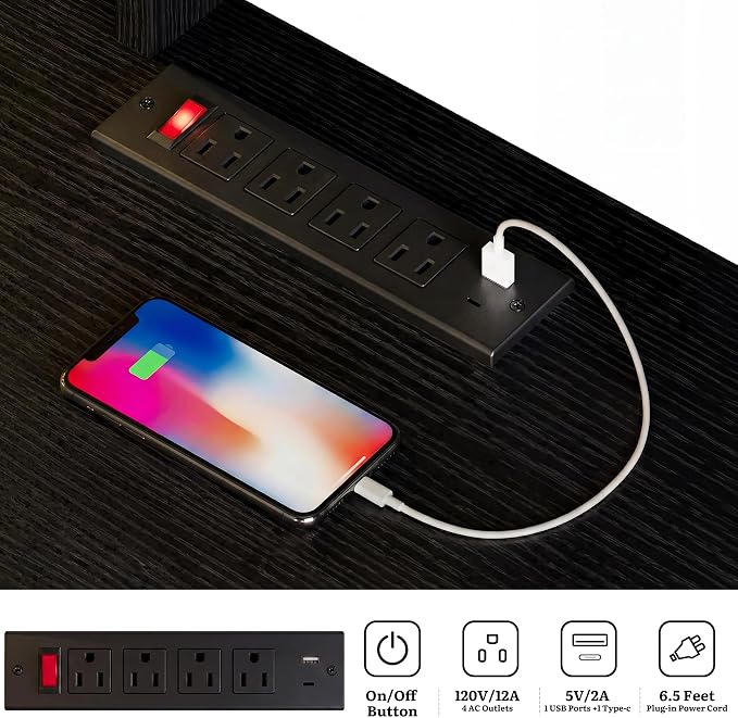 YITAHOME 59" Computer Desk with LED Lights & Power Outlets, Black | Home Office Desk with Bookshelf, File Drawer & Storage Shelves, Gaming Desk with USB Ports, Modern Study Writing Table