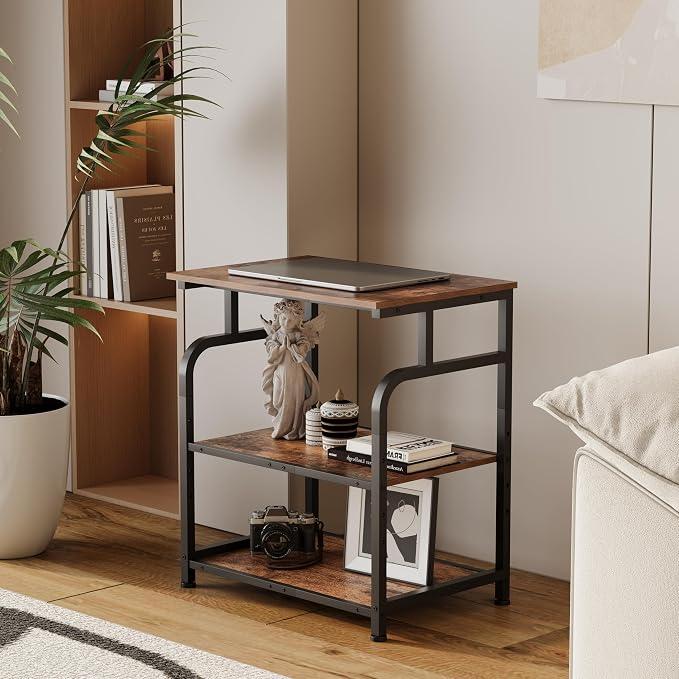 Unionly Large Rolling Printer Stand with Height Adjustable Shelf and Wheels | 3-Tier Rolling Printer Cart with Wheels, Heavy-Duty Wood Printer Table with strudy steel frame for Home Office,Rustic Brown