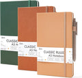 feela Hardcover Notebook For Work, Classic Ruled Lined Journal Set School Business Supplies, with 3 Black Pens, 120 GSM, 5.1”x8.3”, 3 Pack, A5, Vintage Colors