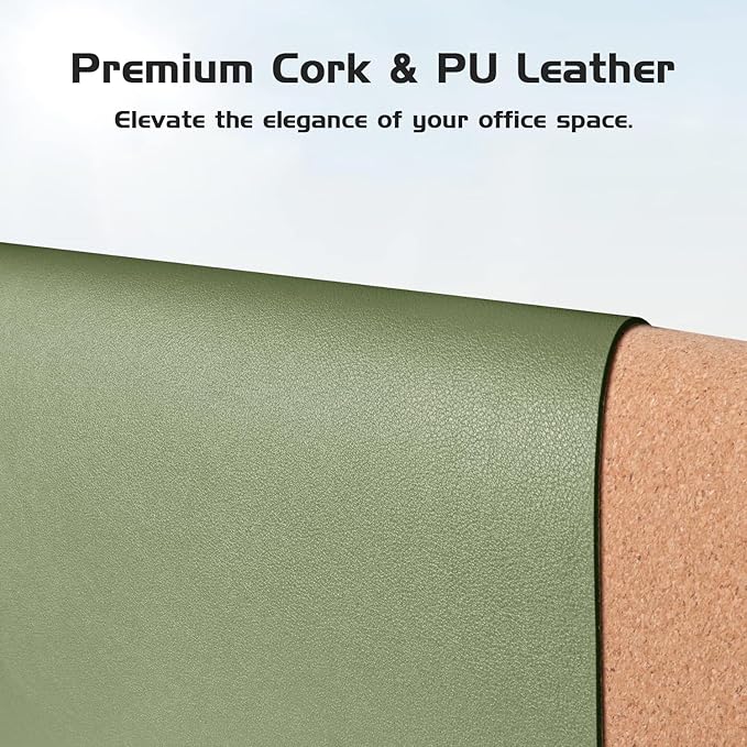 Aothia Dual-Sided Desk Mat - Natural Cork & Leather Desk Protector, Large Mouse Pad & Writing Pad for Office/Home, Olive Green (25.6"x13.7")