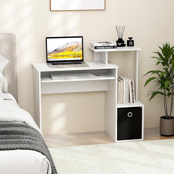 GIANTEX White Computer Desk with Drawers & Keyboard Tray, Modern Home Office Desk with Storage Shelves & Printer Stand, Laptop PC Table for Workstation, Study Writing Desk for Small Spaces, Bedroom