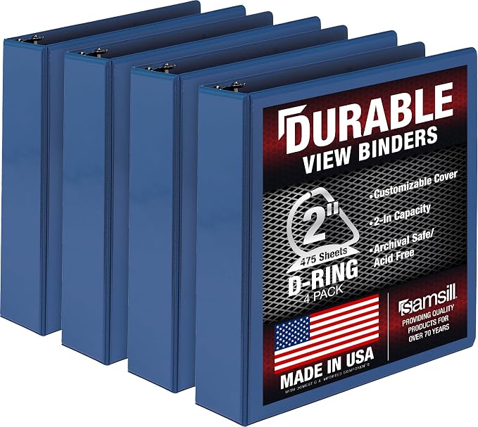 Samsill Durable 2 inch 3 Ring Binder, D Ring Binder, 100% Recycled Chipboard, Blue, 4 Pack
