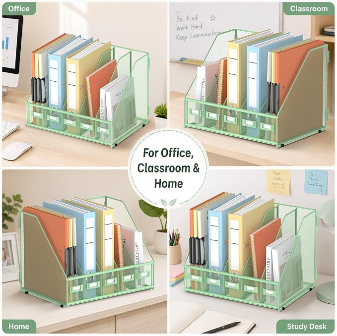 Desk Organizers Metal Desk Magazine File Holder with 5 Vertical Compartments Rack File Organizer for Office Desktop, Classroom, Home Workspace, Green, Plus