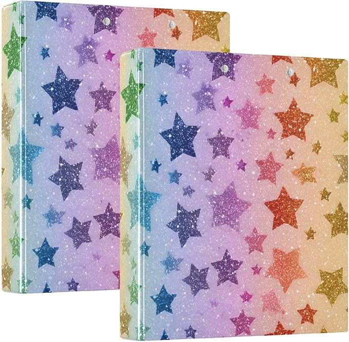 3 Ring Binder Rainbow Star Glitter Pattern 1.5 inch Binders Three Ring Binders with Clipboard Fit 8.5'' x 11'' Paper 3 Interior PVC Clear Pockets for Office Supplies