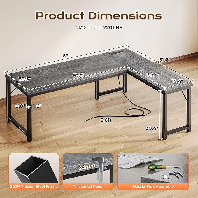 Huuger 63 Inch L Shaped Desk with Power Outlets & 0.95 Inch Thicker Desktop | Reversible Computer Desk, Larger Office Corner Gaming Desk, Metal Frame, for Home Office, Study, Grey