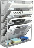 EasyPAG 5 Tier Wall File Holder, Mesh Hanging Folder Organizer with Classify Label, Versatile Desk File Holder, Vertical Wall Mounted Mail Organizer for Office Home Cubicle, Silver