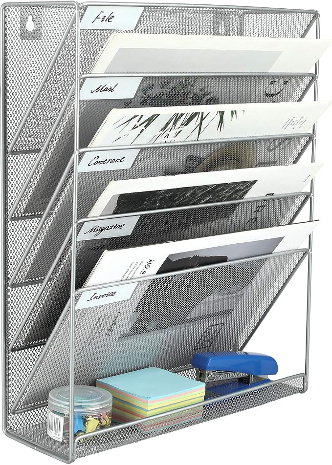 EasyPAG 5 Tier Wall File Holder, Mesh Hanging Folder Organizer with Classify Label, Versatile Desk File Holder, Vertical Wall Mounted Mail Organizer for Office Home Cubicle, Silver
