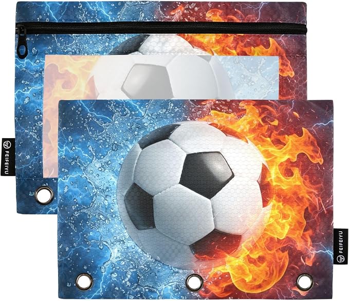 Soccer Ball Football Fire Water Pencil Pouch for 3 Ring Binder, 2 Pack Waterproof Pencil Bags Clear Window Pencil Case Zipper School Office Supplies