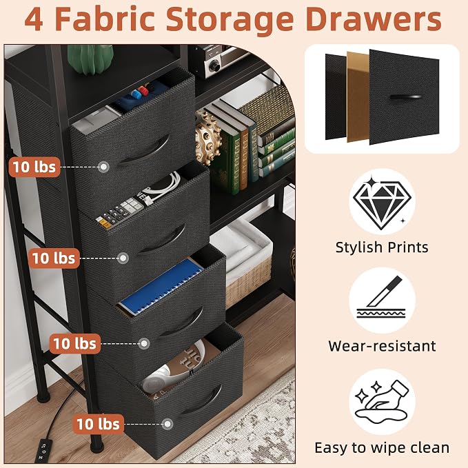 AFLUI Corner Bookshelf with LED Light Strips & 4 Fabric Drawers, 5-Tier Convertible Corner Shelf with Display Shelf, Large Wood Industrial Bookcase for Living Room, Bedroom, Home Office, Black