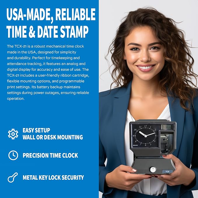 Amano TCX-21 Time Clock for Employees with Analog Clock Face, Easy-to-Read Dial, Time Stamping Machine for Small Business, Made in USA