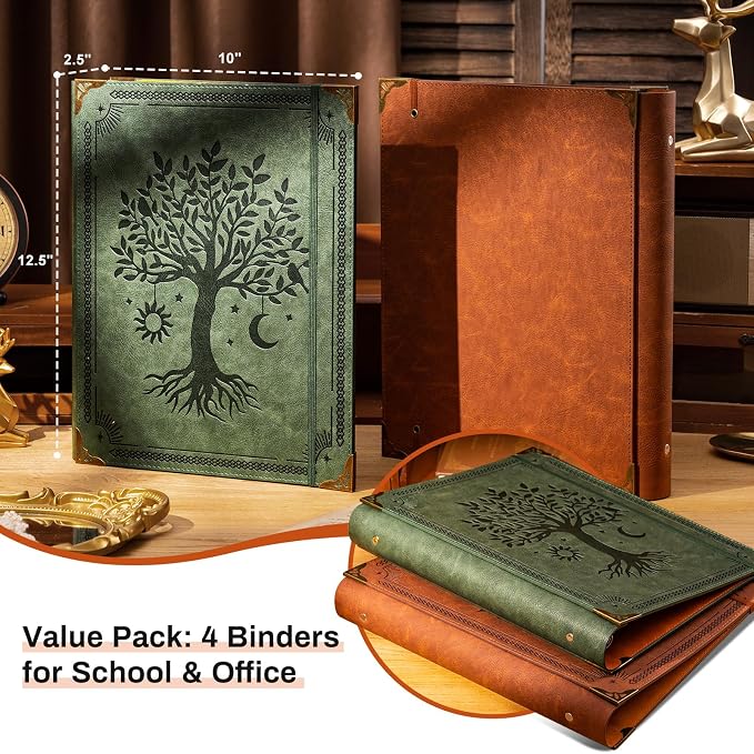 OVESMUSL 4 Pack PU Leather 3 Ring Binder, 2 Inch Green Brown | Fits 8.5x11 letter paper, holds 500 sheets, loose leaf organizer