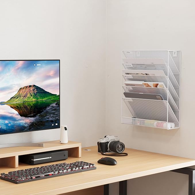 EasyPAG 5 Tier Wall File Holder, Mesh Hanging Folder Organizer with Classify Label, Versatile Desk File Holder, Vertical Wall Mounted Mail Organizer for Office Home Cubicle, White
