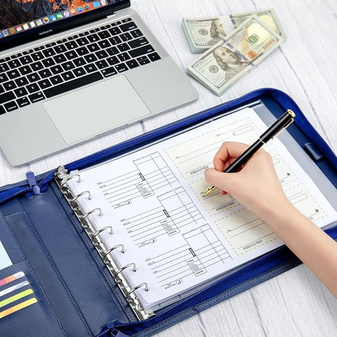 Smarpau 7 Ring PU Leather Check Binder with Zipper Pouch, Holds 600 Checks, Executive Size for 9 13 Inch Sheets, Blue