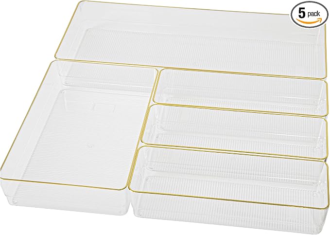 Martha Stewart Kerry Stackable Desk Drawer Organizers, Clear/Gold, 5-Pack | Various Sizes, Gold Trim, Stackable