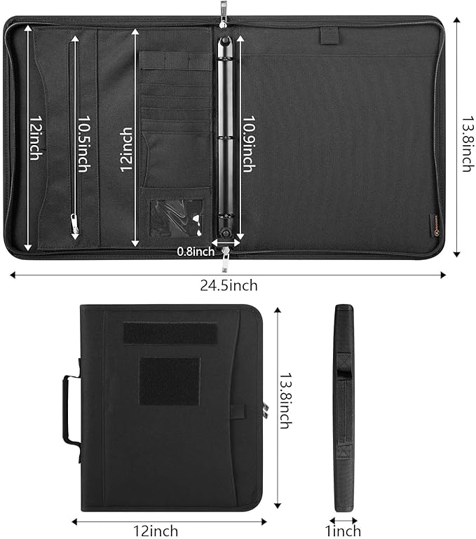 Kosibate Tactical Padfolio Portfolio Binder with Zipper and 25 Sheets of Letter Size Paper,Notebook Cover,Tactical Notebook with Zippered for Folders,Detachable 3-Ring Binder(A4,Black,13.5X 11.5Inch)