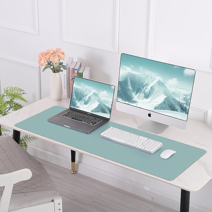AFIING Cork Desk Mat 47" x 23.6", Dual-Sided Natural Cork & PU Leather Desk Pad, Non-Slip Waterproof Large Mouse Pad for Office, Home & Gaming (Light Blue)