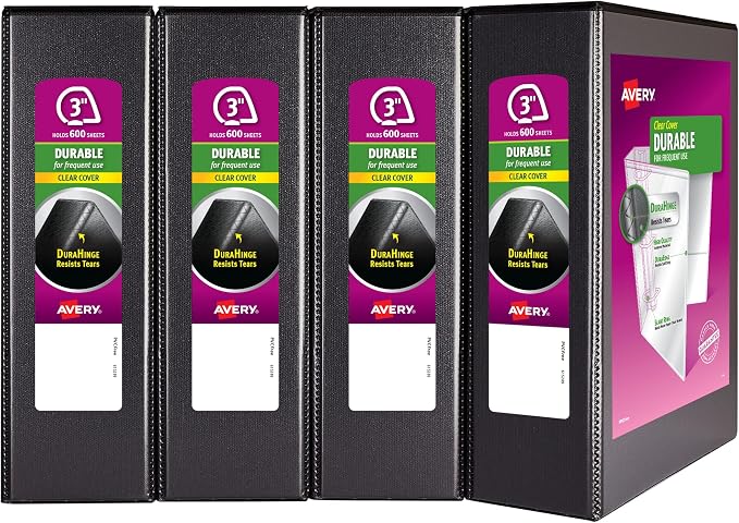 Avery Durable View 3 Ring Binder, 3 Inch Slant Rings, 4 Black Binders (17050)