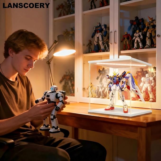 LANSCOERY Acrylic Display Case for Collectibles, 3-Tier LED Light, White | 3mm clear acrylic panels with front door access and tri-color top light for small figures on a desk or shelf.