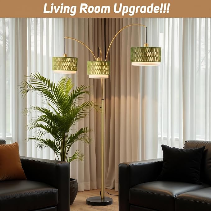 80'' Gold Rattan Arc Floor Lamp for Living Room, 3-Light Boho Tree Lamp | Heavy Natural Marble Base, 1/2/3-Light Rotary Switch,Double-layer Green Wicker/Fabric Shades for Coastal Style,8 ft+ Ceilings