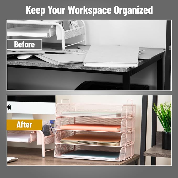 Mind Reader Stackable Paper Tray, Desktop Organizer, File Storage, Office, Metal Mesh, 4 Pcs., Pink