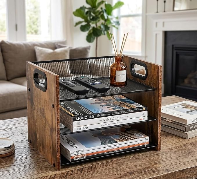 Desk Organizer - 3 Tier Wood & Metal Mesh Desktop Organizer for Office, Home, School, Workspace, Office Desk Organzier for Papers, Mail, Notebooks, Stationery