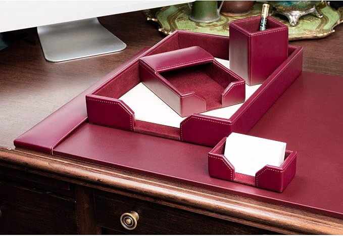 DACASSO Bonded Leather Desk Set - Luxury Leather Desk Pad & Desk Organization Essentials (Burgundy, 5 Piece)