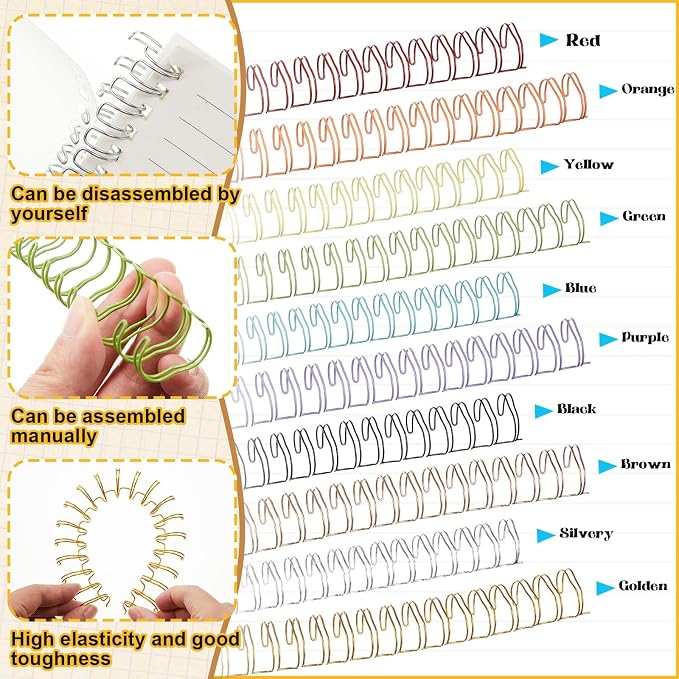 50 Pcs Metal Double Loop Binding Wires 3/4 Bulk Cinch Binding Wires Double Spiral Ring Coil 10 Colors Twin Spines Combs 21 Holes 2: 1 Pitch Cinch Coil Machine Wire