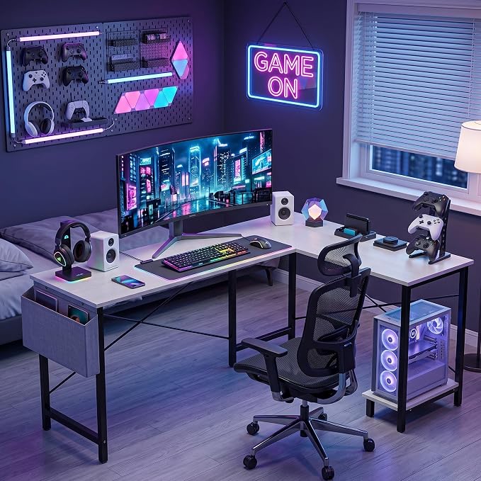 Alpen L Shaped Gaming Desk, Small Computer Desk, 50 Inch Wide Corner Desk, Work from Home Desk, Study Table for Bedrooms, PC Writing Table with Storage and Reversible Shelf, White