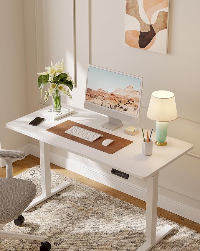 DESINO Standing Desk, 32 × 19 Inches Electric Height Adjustable, Sit and Stand Up, Computer Office Desk with Splice Board, White Frame/White TOP