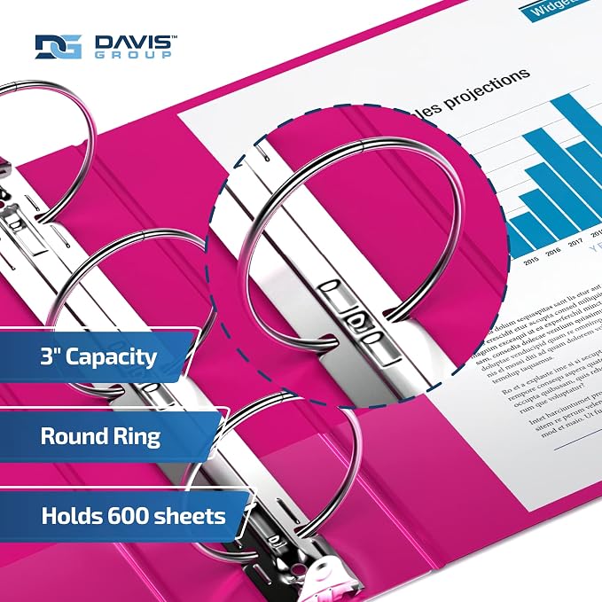 Easyview 3-Ring Binder, Clear-View Cover, 3" Round Rings, 6 Pack | Heavy-duty binder, fits 8.5" x 11" paper, pink, customizable cover, made in Canada, ideal for school or office use