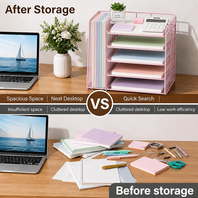 Desk Organizer, 5-Tier Paper Organizer Letter Tray, Pink | Desk Organizers and Accessories, Office Desk Accessories & Workspace Organizers, Desktop File Organizer for Office Supplies