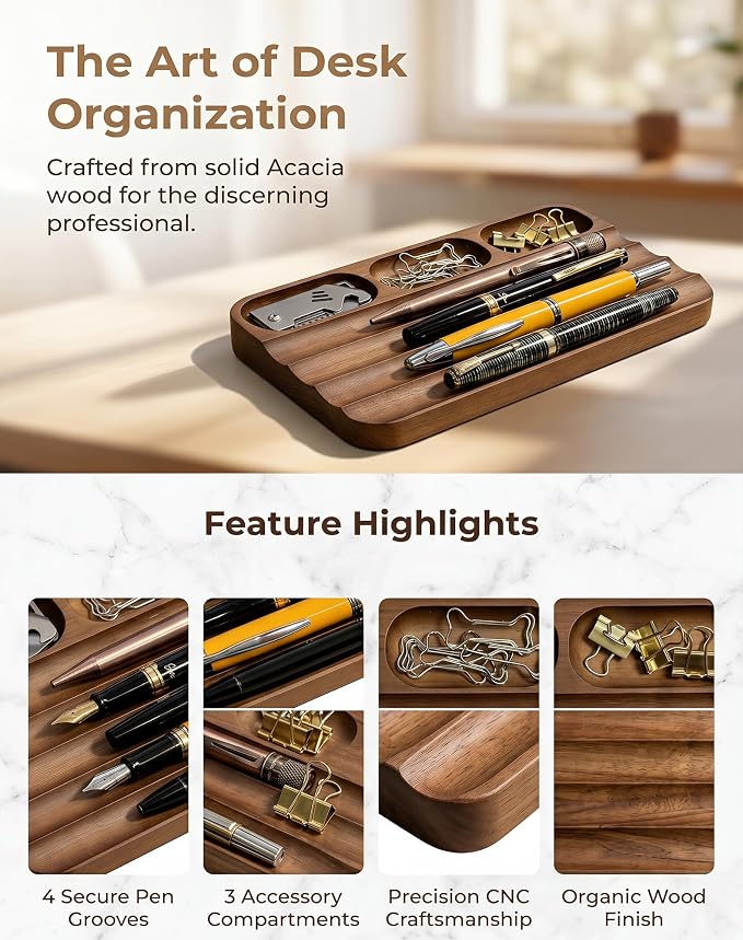 Horizontal Pen Holder,Acacia Wood Pen Tray,Desktop Pen Display,Walnut Desk Tray,Paperclip Headphones Eraser Office Stationery Storage,Brown