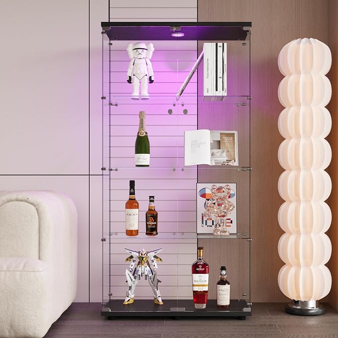 FLYMUHJIA 4-Shelf Tempered Glass Display Cabinet with LED & Lockable Double Doors, Black Curio Cabinet for Collectibles, Easy to Install