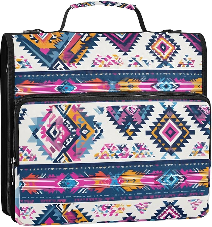 3 Ring Zipper Binder with Shoulder Strap Purple Ethic Aztec Geometric 1.5 inch Binders Keeper Large Capacity Multi Pockets for School Office Supplies