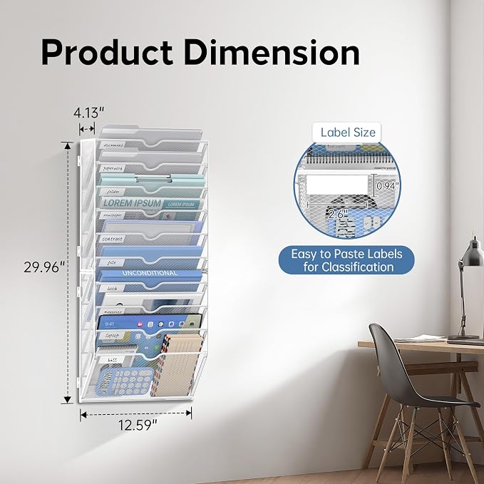 10-Tier Wall File Organizer and Hanging File Organizer, White | Wall Organizer and Wall Mounted File Holder with 14 Pockets and Label Panels for Files, Mail, Folders, Magazines and Paper