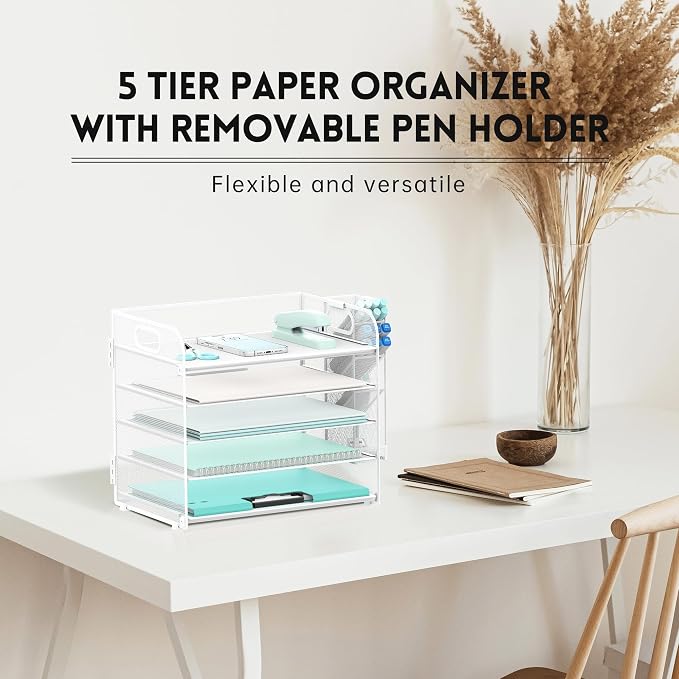 5-Tier Paper Organizer for Desk with Pen Holders, Letter Trays, White | Metal Mesh Desktop File Organizer with Removable Trays and 2 Handles for Paper, Files, Mail, Folders in Office Home or School